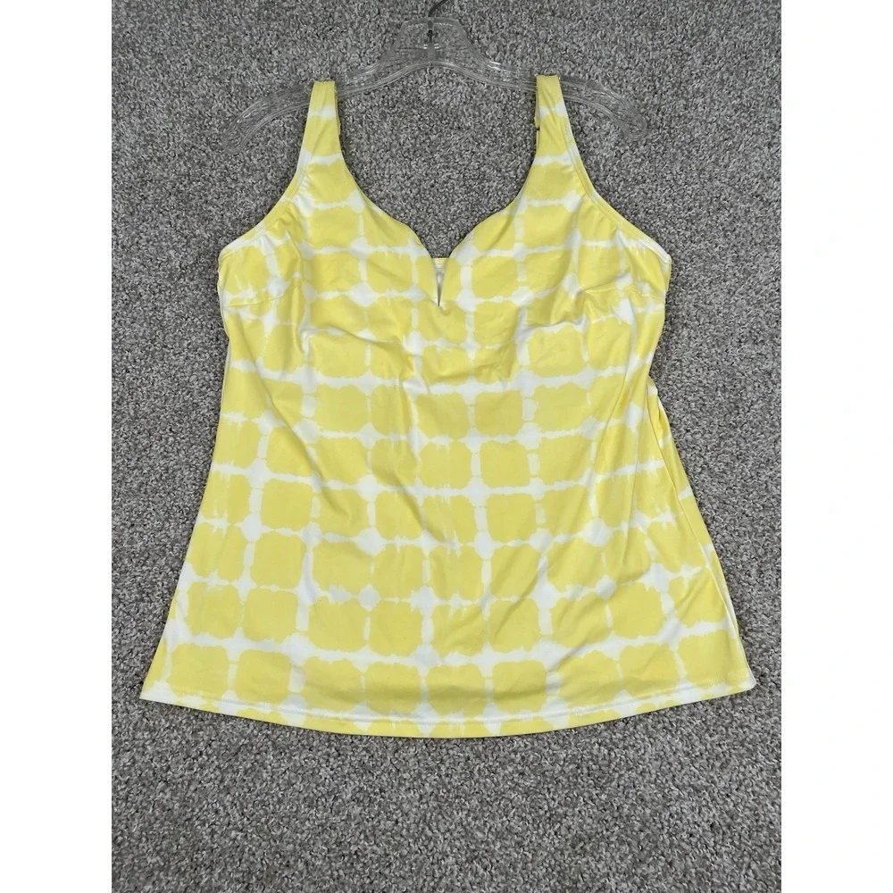 Lands' End Womens Plunge V-Neck Tankini Top Yellow White Tie Dye Grid Size 14